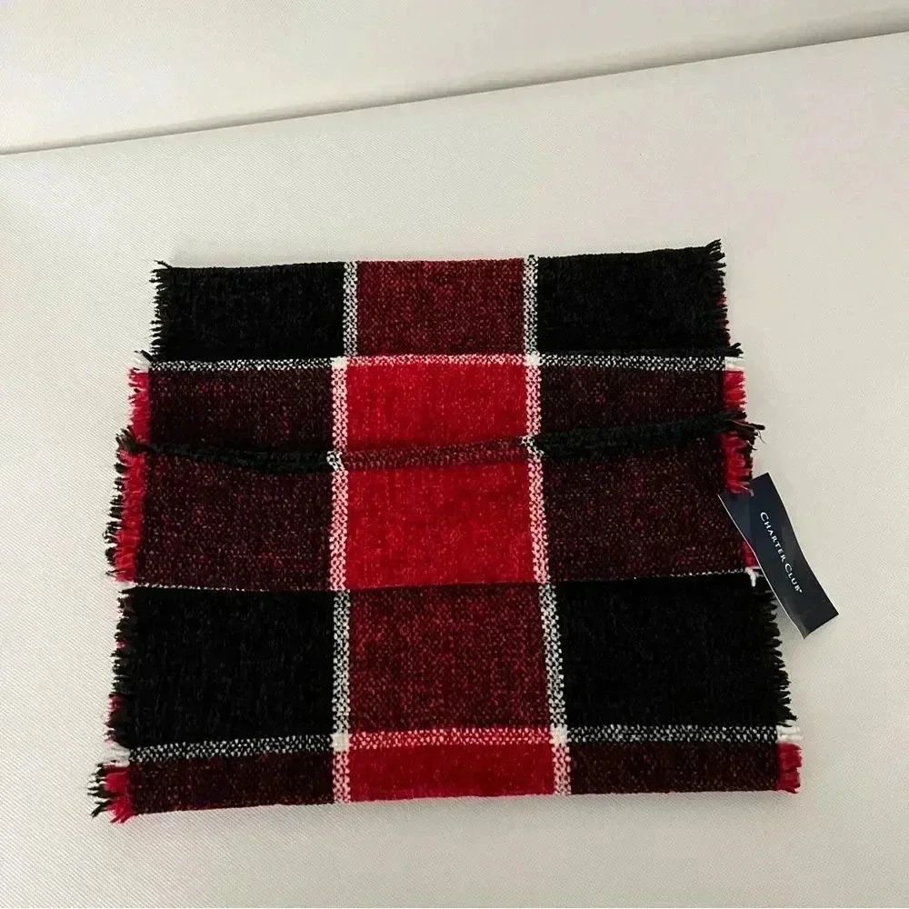 Charter Club Chenille Infinity Scarf Black Red Multi Plaid Woven Loop Fringed